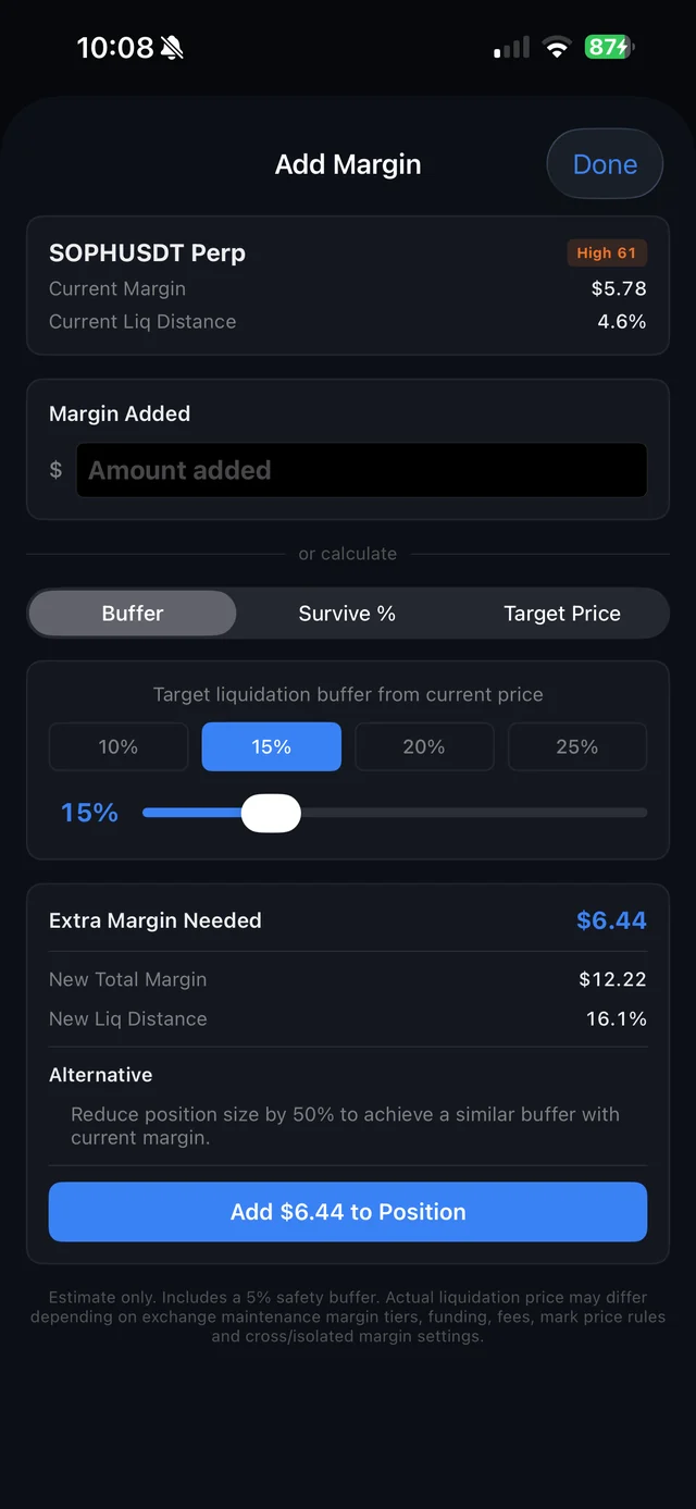 PerpWatch add-margin calculator showing the extra margin needed to reach a 15 percent liquidation buffer and the resulting new liquidation distance