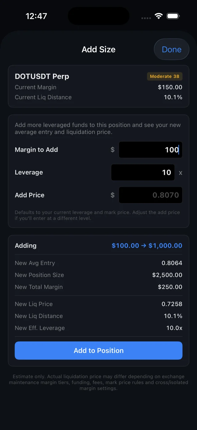 PerpWatch add-size screen previewing new average entry, position size, margin, liquidation price and effective leverage