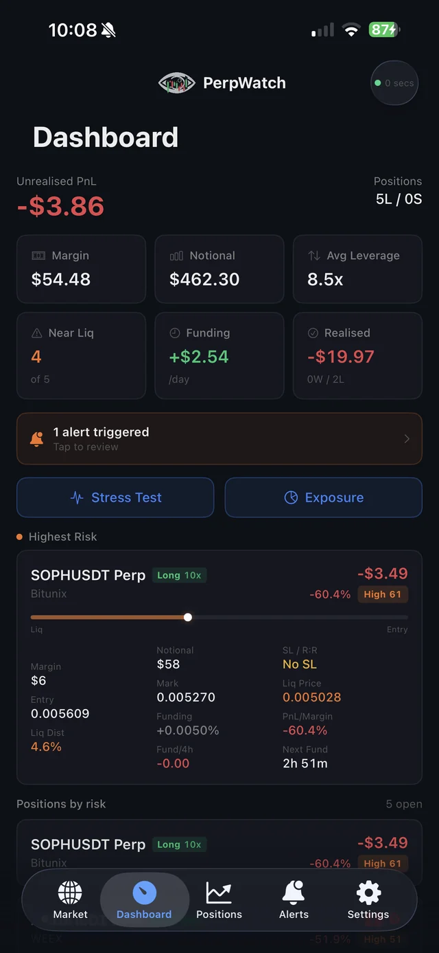 PerpWatch dashboard showing unrealised PnL, margin, notional, average leverage, funding and the highest-risk positions across exchanges