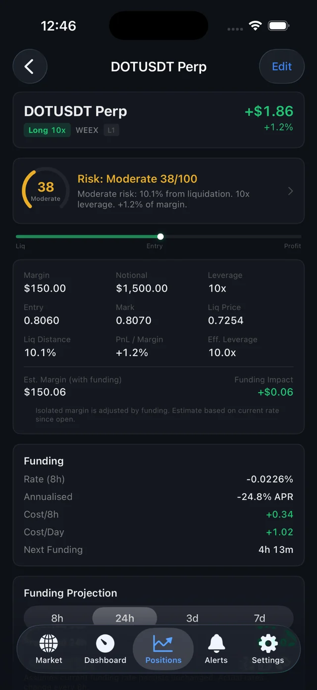 PerpWatch position detail screen showing risk score, liquidation distance, margin, notional, funding and position metrics
